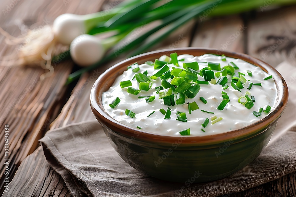 Bowl of sour cream with green spring onions on wooden background Bowl of sour cream with green spring onions on wooden background