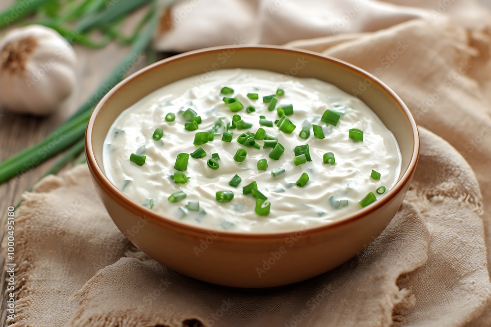 Bowl of sour cream with green spring onions on wooden background Bowl of sour cream with green spring onions on wooden background
