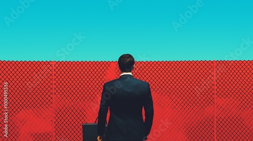 A businessman holding a briefcase, standing in front of a large fence labeled Tariffs, business trade barrier, international commerce challenge photo