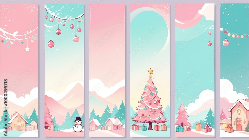 A beautiful set of Christmas banners in soft pastel illustration background A beautiful set of Christmas banners in soft pastel illustration background