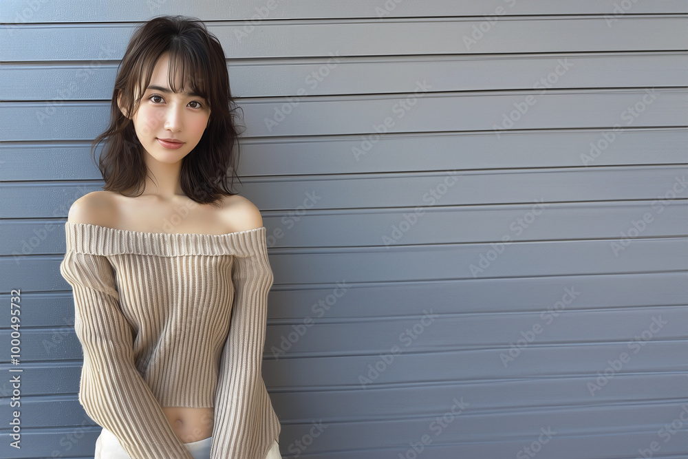 ベージュニットが映える大人可愛い女性 ベージュニットが映える大人可愛い女性
