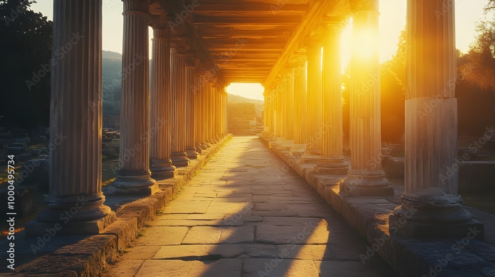 Images of ancient Greek stoa showcasing rows of iconic columns Images of ancient Greek stoa showcasing rows of iconic columns