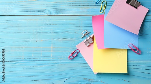 Colorful sticky notes and clips on blue wooden table