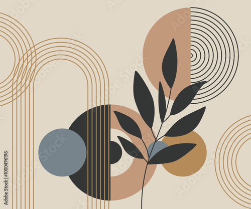 Estetyczna nowoczesna kompozycja z abstrakcyjnym elementem botanicznym, geometrycznymi kształtami. Ilustracja wektorowa do wykorzystania dla sztuki ściennej, tapet, dekoracji, wystroju wnętrz.