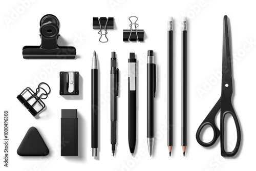 Collection of various black colored pens, pencils, mechanical pencils, brushes, erasers, paper clip, scissors and ruler isolated on a transparent background, PNG. High resolution. 