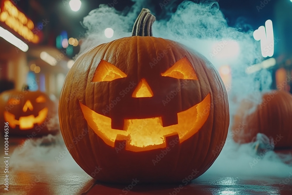 Glowing jack o lantern on a rainy night in the city casting a warm ...