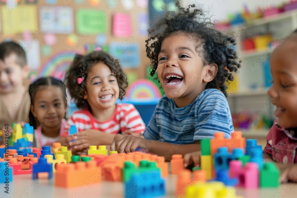 A young boy is playing with a large pile of colorful blocks, generative ai image A young boy is playing with a large pile of colorful blocks, generative ai image