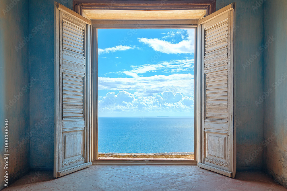 Obraz premium Seaside Serenity: A Wide-open Window with a Gentle Sea Breeze Flowing Through Sheer Curtains
