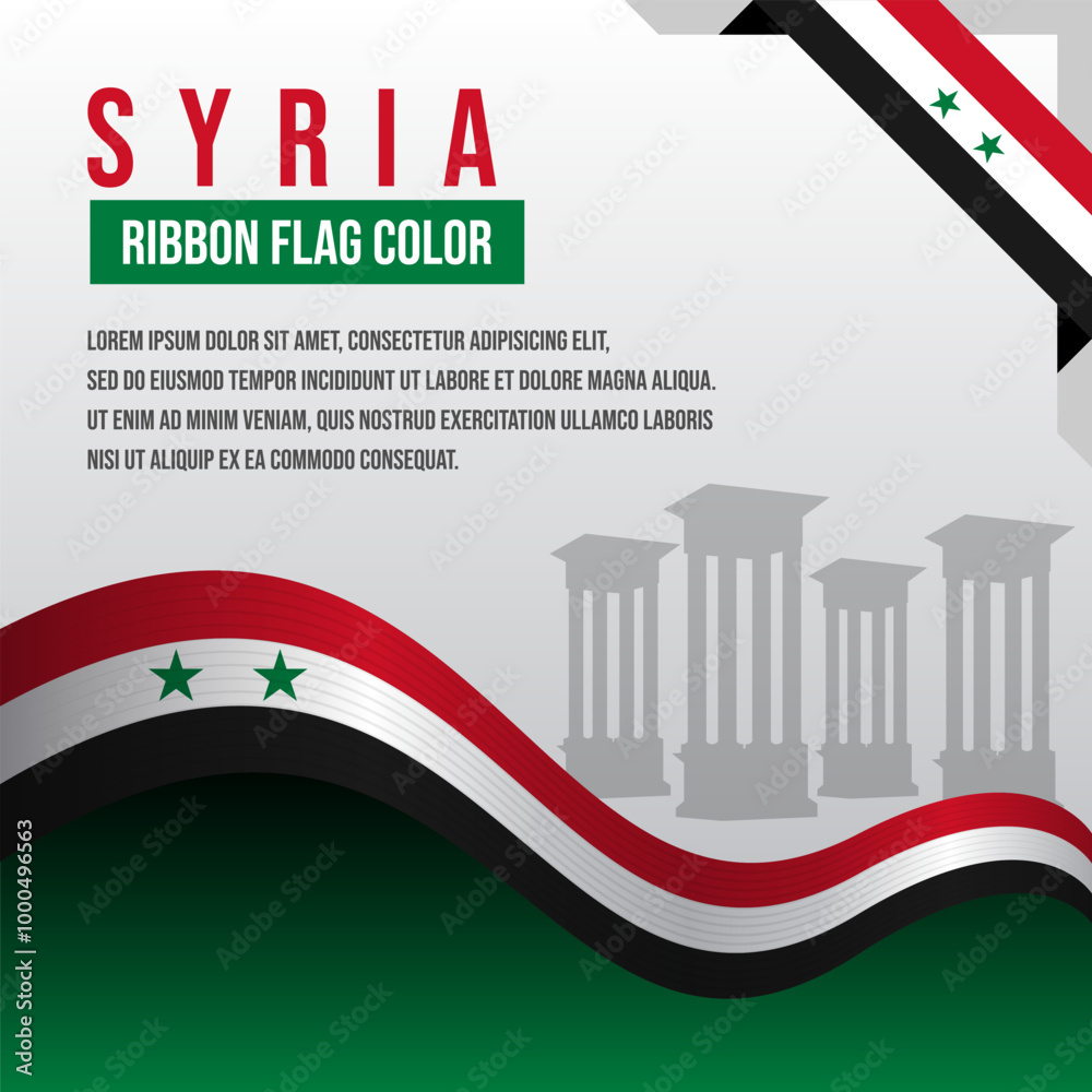 Fototapeta premium Syria ribbon flag with Monument silhouette and decoration