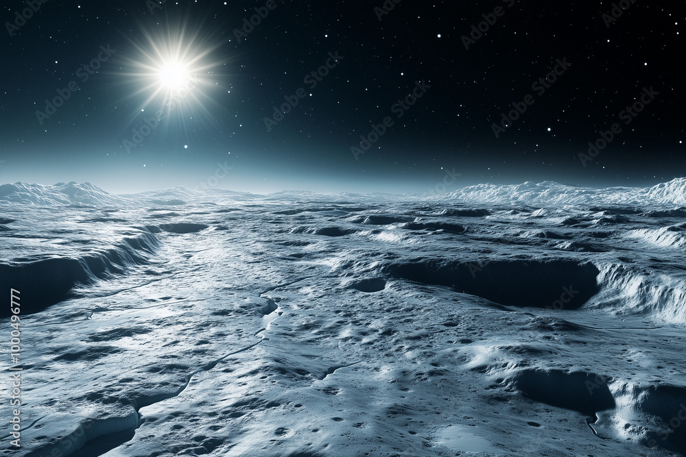 Frozen Frontier: The Surface of an Ice Planet with Frozen Oceans Glistening Under a Distant Sun Frozen Frontier: The Surface of an Ice Planet with Frozen Oceans Glistening Under a Distant Sun