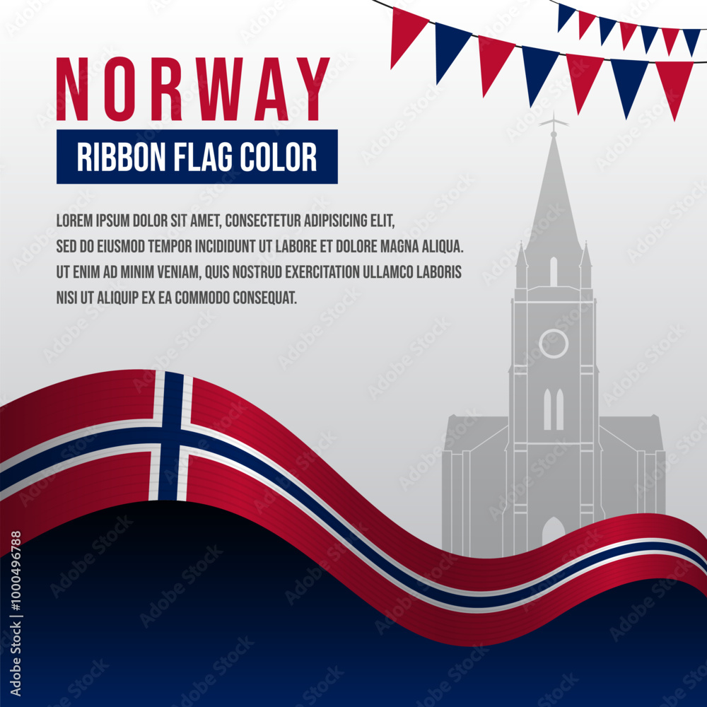 Fototapeta premium Norway ribbon flag with Cathedral silhouette and decoration
