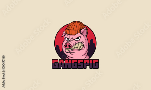 Angry pig character wearing a beanie gang themed logo