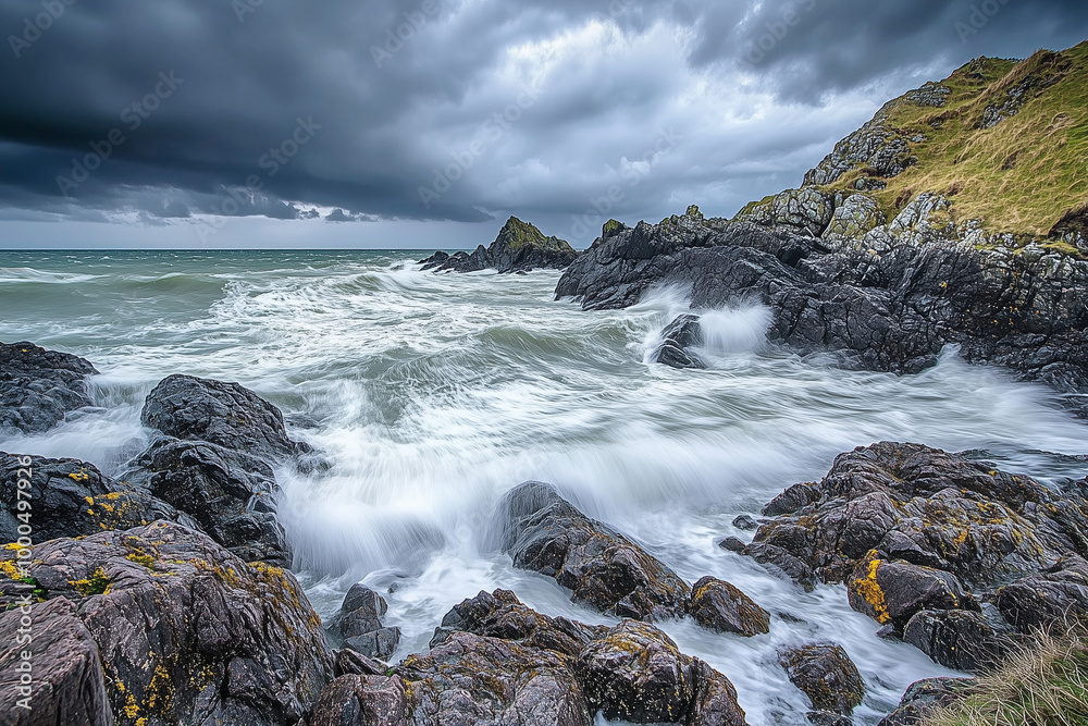 Coastal Crescendo: Mighty Waves Crashing Against a Rugged, Rocky Shoreline Coastal Crescendo: Mighty Waves Crashing Against a Rugged, Rocky Shoreline