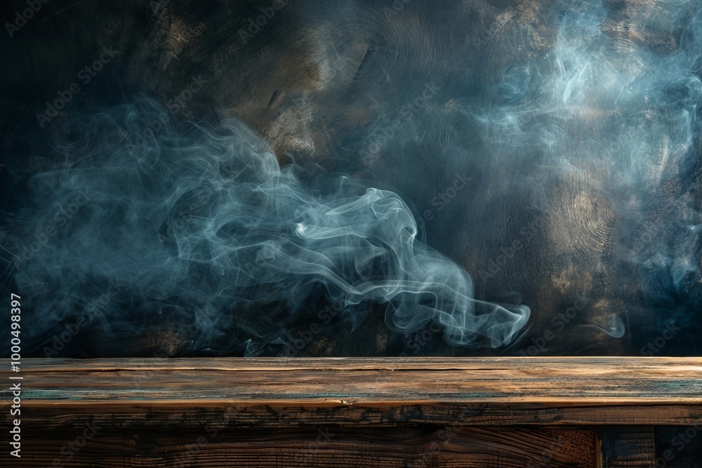Dark empty wooden table with smoke on a dark wall background Dark empty wooden table with smoke on a dark wall background