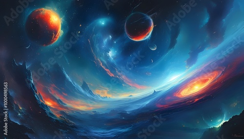 Stunning cosmic vista featuring luminous planets and swirling nebulae, highlighting the enchanting beauty and enigmatic nature of outer space dynamics photo