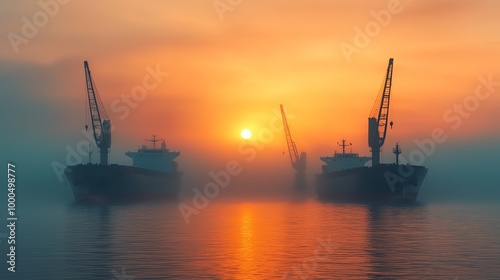 Trade ships held at bay by coastal walls, fog creeping over the water, cranes in silhouette, moody sunset lighting