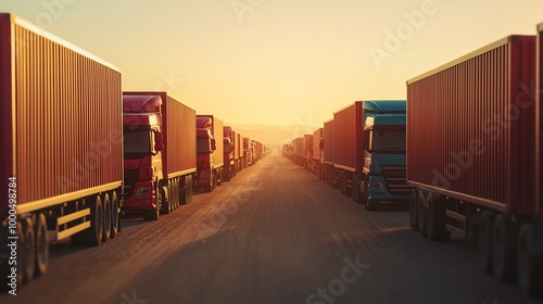 Trucks lined up at a closed border crossing, drivers standing by, dusty road, midday sunlight, long shot