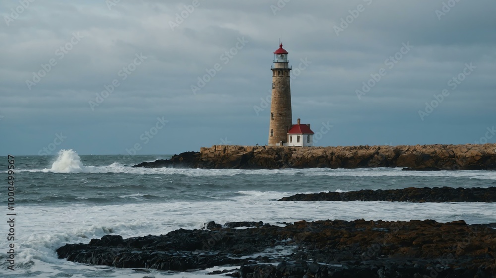 Obraz premium lighthouse with tidal changes revealing rocks background
