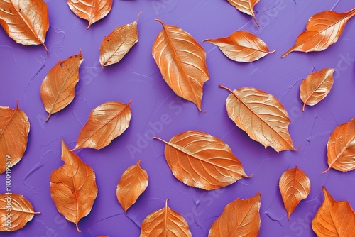 Dry metallic orange leaves on violet background