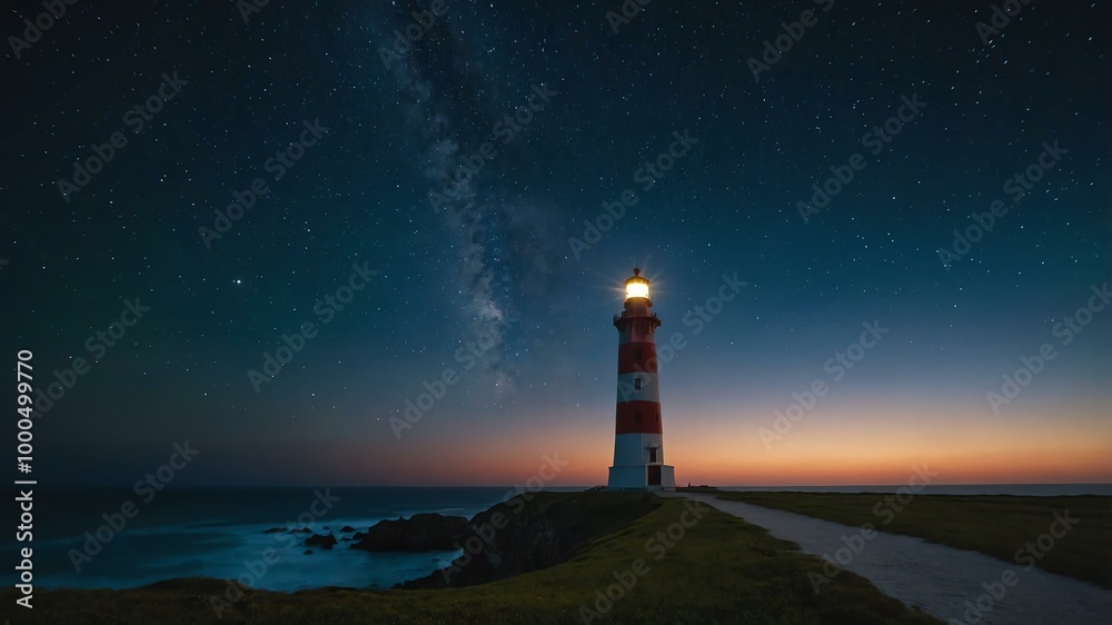 lighthouse at twilight with stars background