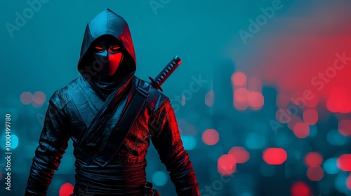 Kid ninja, stealthy pose, night cityscape, 3D illustration photo