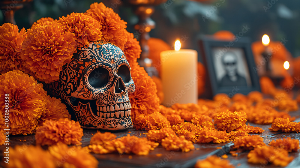 Skull adorned with intricate patterns surrounded by marigold petals and candlelight, celebrating Mexican tradition with vivid colors and symbolism. Skull adorned with intricate patterns surrounded by marigold petals and candlelight, celebrating Mexican tradition with vivid colors and symbolism.