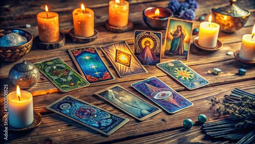 Mystical Tarot Cards Spread on a Wooden Table with Candles and Crystals for Spiritual Divination