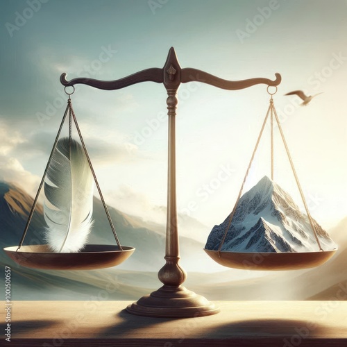 A scale balancing a feather on one side and a mountain on the other, both perfectly even