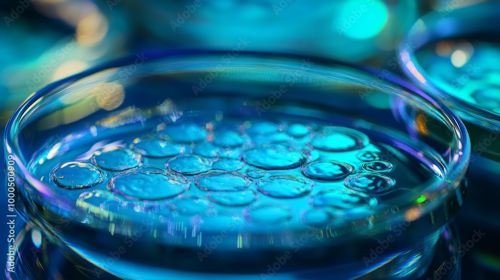 Blue Petri Dish with Water Droplets Blue Petri Dish with Water Droplets