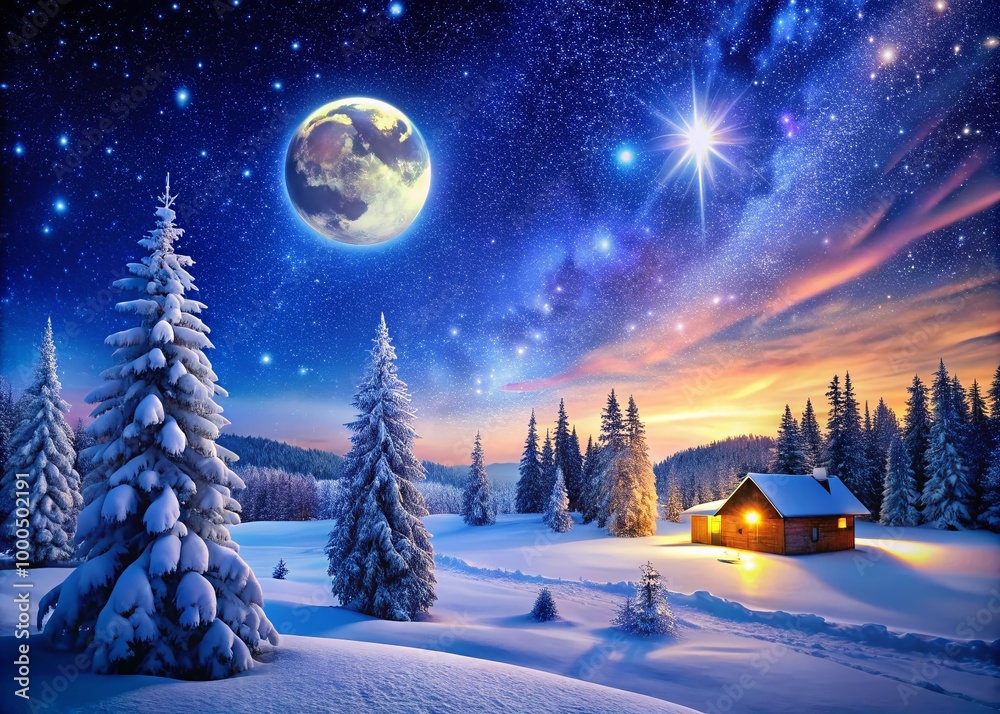 Peaceful Silent Night Graphic with Starry Sky, Moon, and Tranquil Winter Landscape Illustration Peaceful Silent Night Graphic with Starry Sky, Moon, and Tranquil Winter Landscape Illustration
