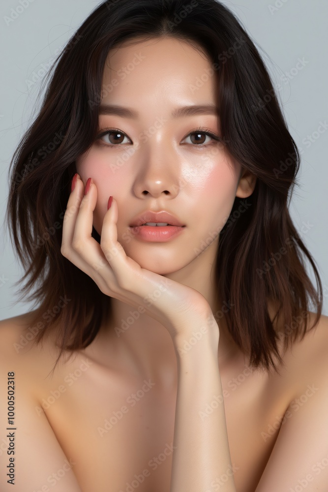 Stunning young Asian lady with smooth skin posing confidently on a light backdrop, Cosmetology, beauty and self-care, voluminous neatly styled hair, seated comfortably at a table, realistic skin textu Stunning young Asian lady with smooth skin posing confidently on a light backdrop, Cosmetology, beauty and self-care, voluminous neatly styled hair, seated comfortably at a table, realistic skin textu