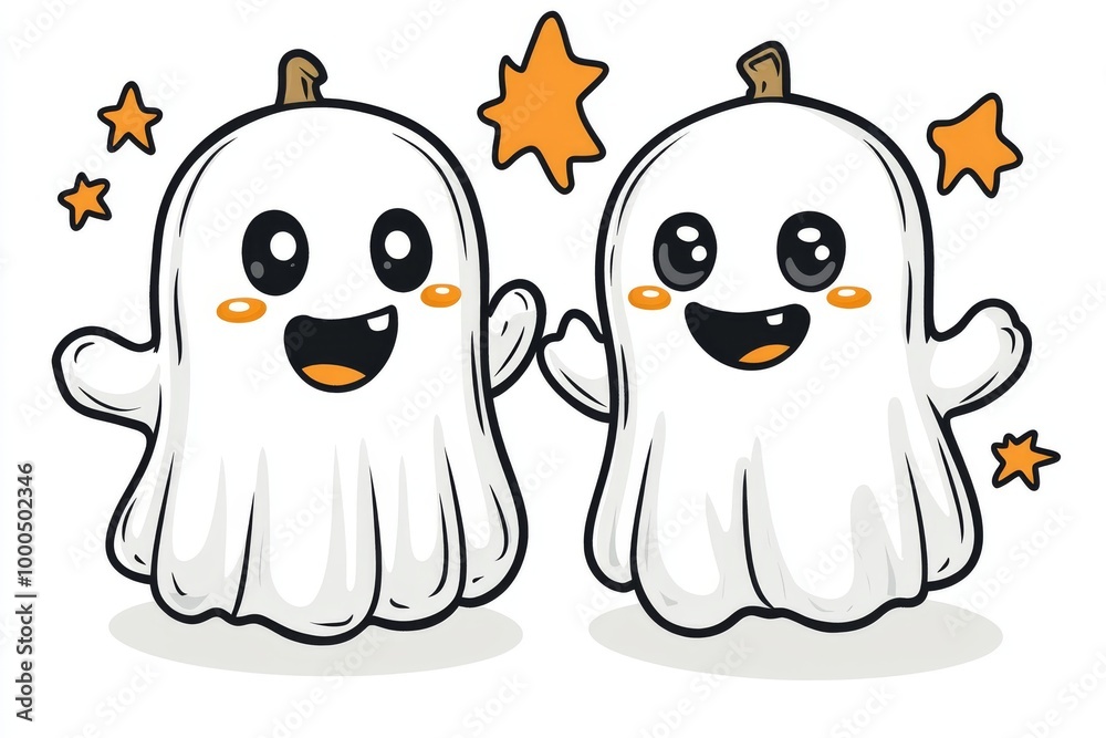 Fototapeta premium Cute ghost characters with smiling faces and waving arms surrounded by stars creating a playful and whimsical Halloween design perfect for children’s decorations or illustrations