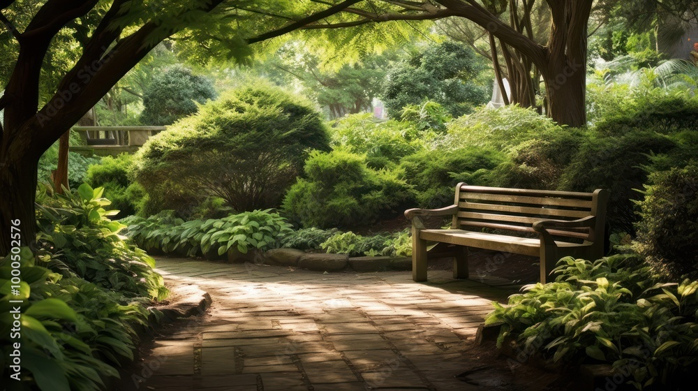 Naklejka premium Serene Garden Path with a Bench
