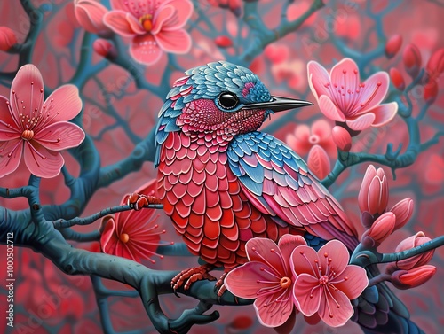 Vibrant Bird Perched on a Branch with Pink Blossoms