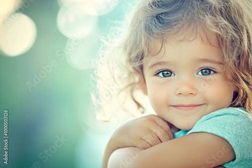 A cute little child with curly hair and sparkling blue eyes smiles warmly, exuding innocence and joy in a softly blurred background, symbolizing pure happiness.