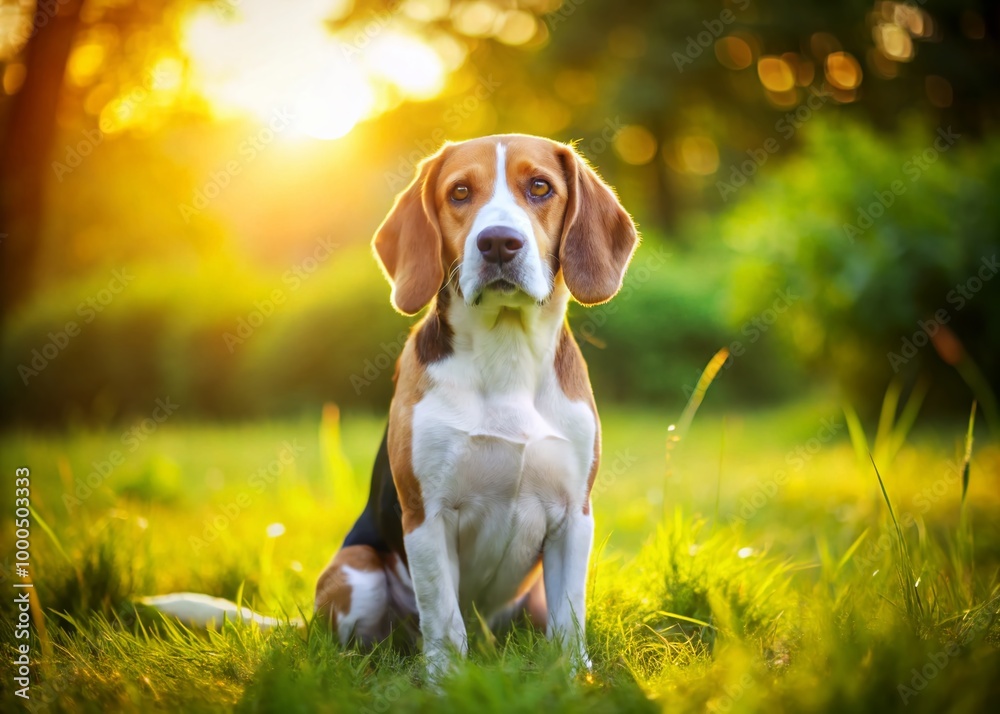 Playful Fox Hound Beagle Sitting on Green Grass with Bright Eyes and Floppy Ears in the Sunlight Playful Fox Hound Beagle Sitting on Green Grass with Bright Eyes and Floppy Ears in the Sunlight