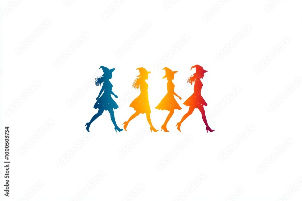 Silhouettes of three witches walking in different colored outfits creating a whimsical and playful Halloween scene with bright colors and minimalist design Silhouettes of three witches walking in different colored outfits creating a whimsical and playful Halloween scene with bright colors and minimalist design