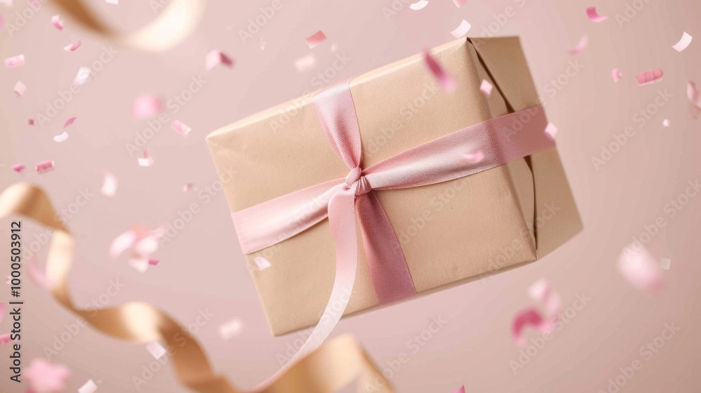 Fototapeta premium Brown Gift Box with Pink Ribbon and Confetti Perfect for Festive Celebrations or Event Promotion 