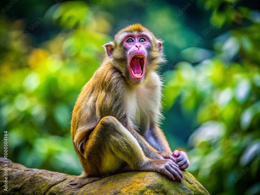 Playful monkey yawning in a natural habitat showcasing its adorable and relaxed demeanor during rest Playful monkey yawning in a natural habitat showcasing its adorable and relaxed demeanor during rest