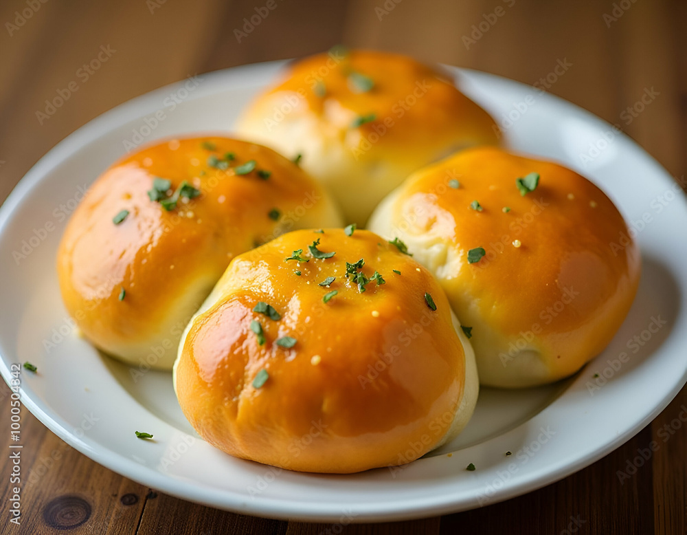 A plate of freshly baked golden-brown dinner rolls garnished with parsley or other herbs A plate of freshly baked golden-brown dinner rolls garnished with parsley or other herbs