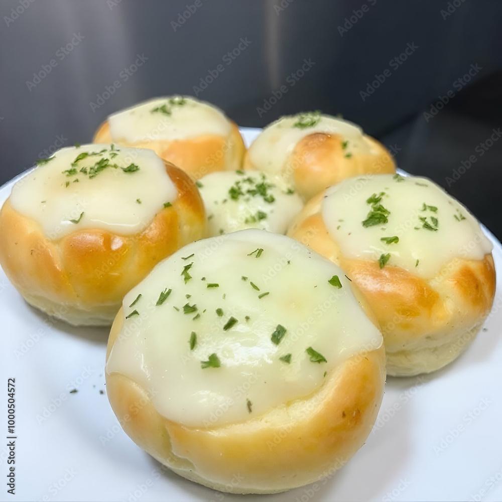 Soft, fluffy buns with a light white color, topped with green herbs or spices, arranged on a white surface Soft, fluffy buns with a light white color, topped with green herbs or spices, arranged on a white surface