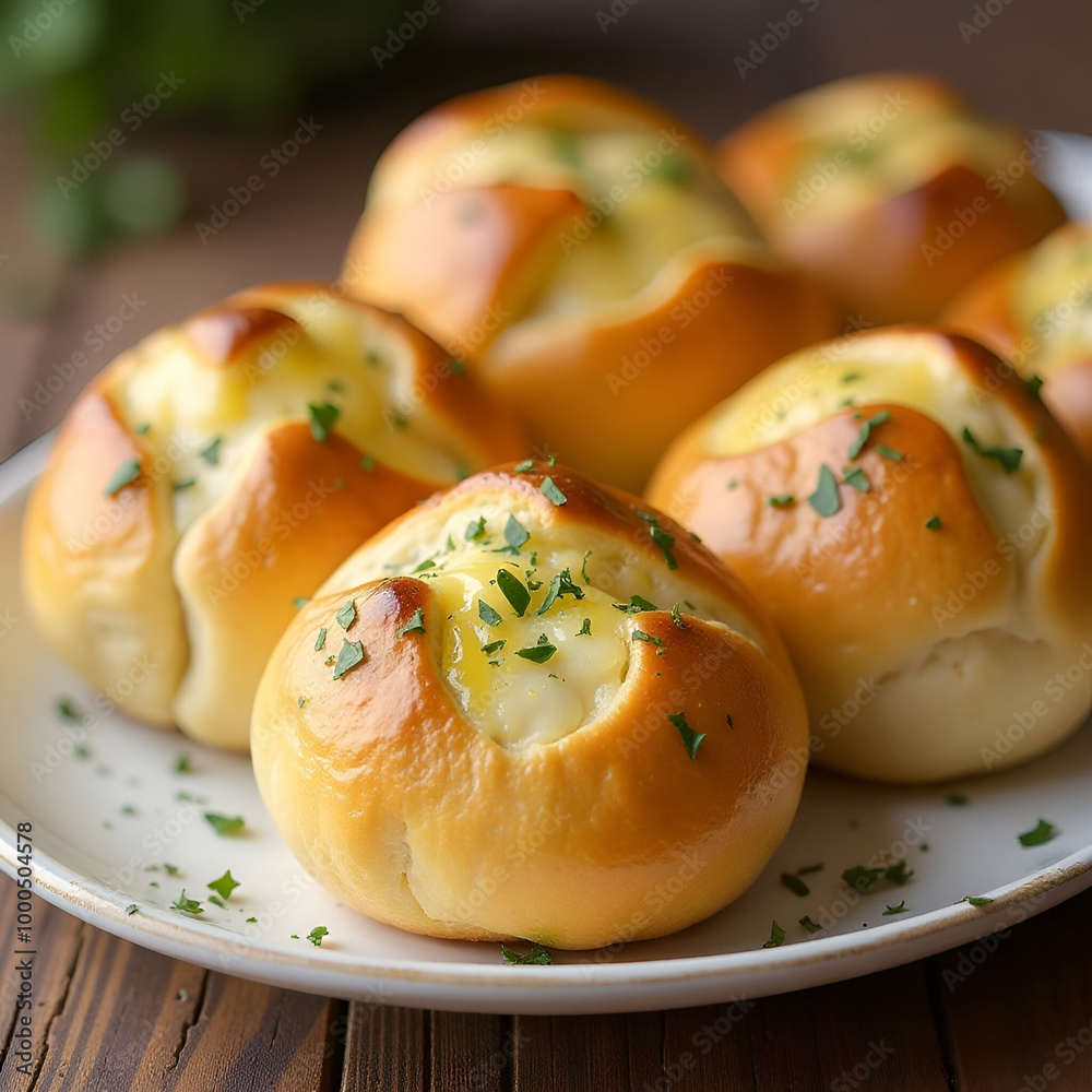 A plate of freshly baked golden-brown dinner rolls garnished with parsley or other herbs A plate of freshly baked golden-brown dinner rolls garnished with parsley or other herbs