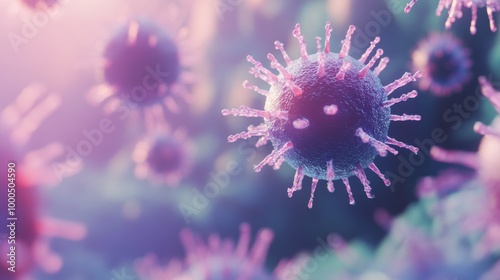 A detailed close-up image showcasing a virus particle with purple colored spikes, representing concepts of microbiology and healthcare, set against a blurred background.