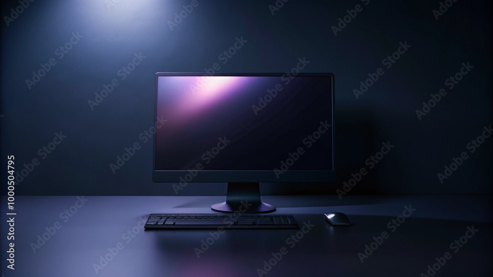 A computer monitor, keyboard, and mouse sit on a desk in a dark room, illuminated by a single spotlight. A computer monitor, keyboard, and mouse sit on a desk in a dark room, illuminated by a single spotlight.