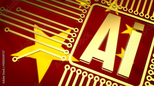 The gold ai text and electric logic on china flag background  for technology concept 3d rendering.