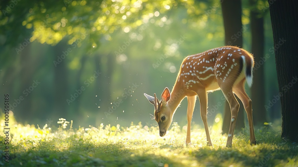 A graceful deer in a tranquil forest sunlight gently filtering through trees A graceful deer in a tranquil forest sunlight gently filtering through trees