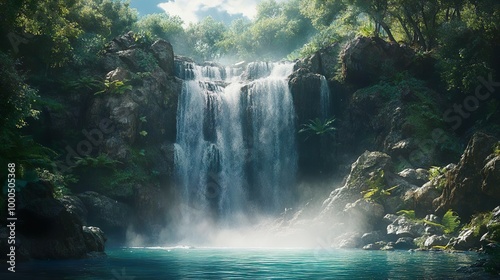 A waterfall with a second cascade and green grass area behind it photo