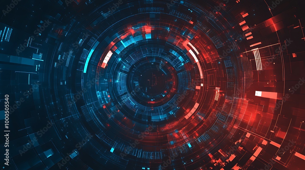 Fototapeta premium Abstract futuristic background with red and blue glowing circles and lines.
