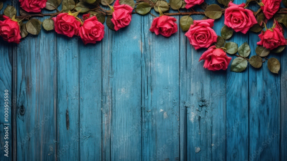 Pink Roses Against a Rustic Blue Wooden Background Pink Roses Against a Rustic Blue Wooden Background