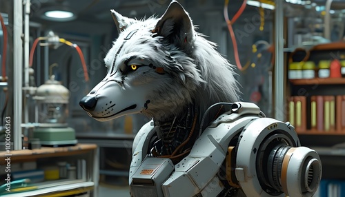 Mysterious Sci-Fi Fantasy Artwork Featuring an Android Cyborg Robotic Wolf in a Laboratory Setting